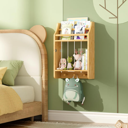 2-Tier Wall-Mounted Kids Bookshelf, Bamboo Floating Nursery Book Shelf, Picture Ledge Shelf for Wall Decor and Storage