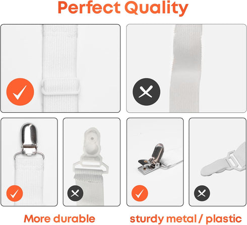 5 STARS UNITED Bed Sheet Straps Set, Adjustable Elastic Fasteners with Metal Clips, Fitted Sheet Clips (4 Pcs White)