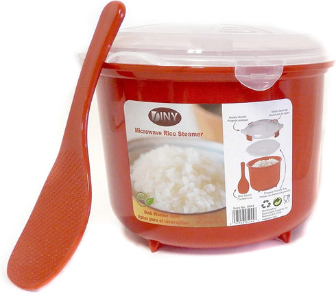 Microwave Rice Steamer Cooker BPA-Free – 2.6L (87.9oz) Red Rice Maker with Lid and Spoon for Basmati, Pasta, Ramen,