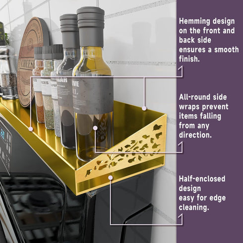 30" STUTOV Magnetic Stove Top Shelf Brushed Gold Spice Rack and Seasoning Organizer Kitchen Shelf for Back of Stove