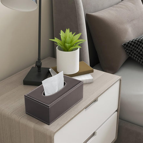 KINGFOM Rectangular PU Leather Tissue Box Cover - Brown Napkin Holder for Bathroom, Home, Office, Car