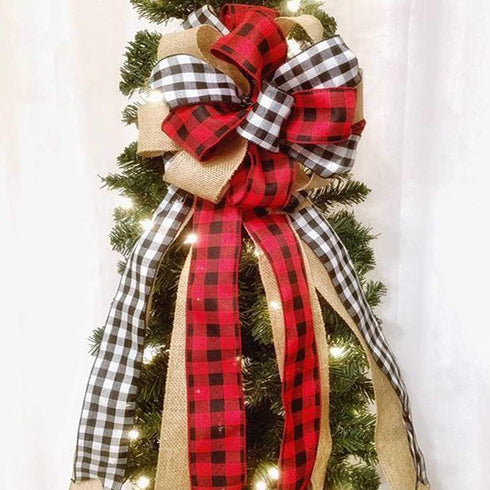 Christmas Tree Topper, Large Buffalo Plaid Burlap Red and Black Gift Bow for Handmade Holiday Party Decorations