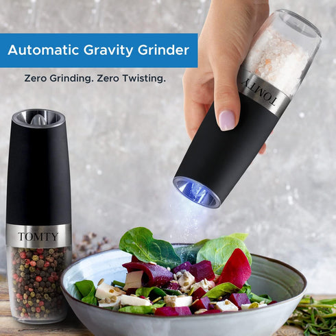 Gravity Electric Salt and Pepper Grinder Set, Battery Operated Shakers, Ideal Gifts for Cooking and Grilling