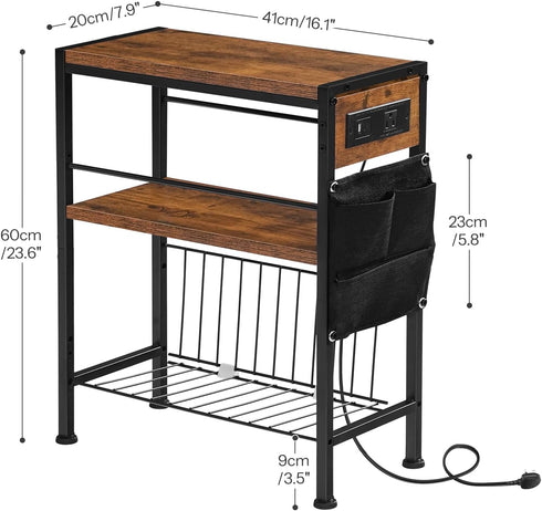 3-Tier BF412UBZ01 HOOBRO End Table with Charging Station, Small Side Table with Magazine Holder, Nightstand Bedside