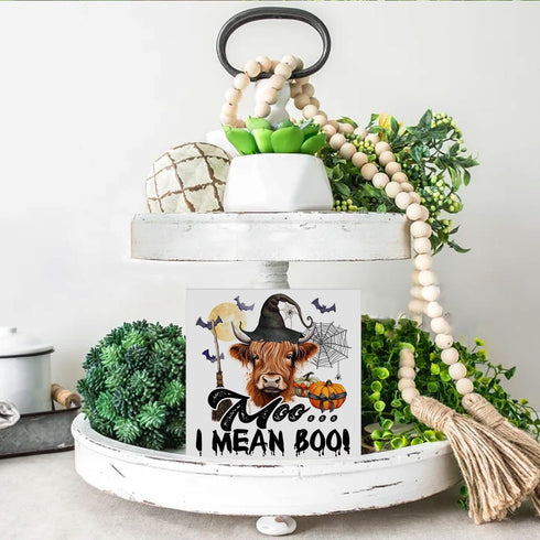 VIYZZX Halloween Highland Cow Wood Box Sign Decor Witchy Cow Moo I Mean Boo Block Sign Home Shelf Table Wall