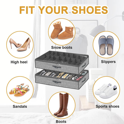 Under Bed Shoe Storage Organizer, Fits 16 Pairs Shoes and 4 Pairs Boots, Extra Large Bins for Closet, Black, Set of 2