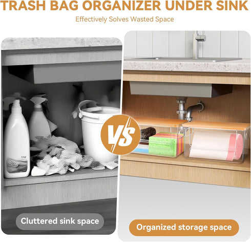 Trash Bag Holder Dispenser, Garbage Bag Dispenser with Bamboo Lid & Handles, Stackable Clear Trash Bag Organizer Under