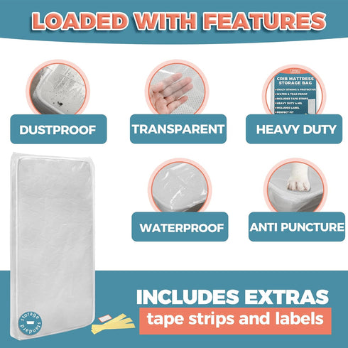 Storage Standard 4-Mil 66 29 7 Inches, Crib Mattress Storage Bag - Waterproof & Reusable Mattress Bags for Moving