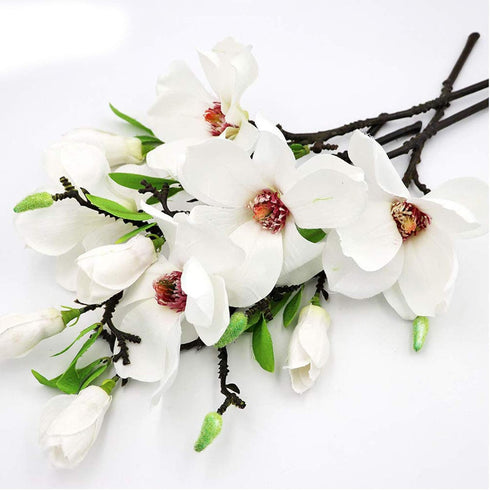 DULRLLY 6Pcs Artificial Magnolia Flowers - Real Touch White Silk Magnolia Bouquet for Home Decor