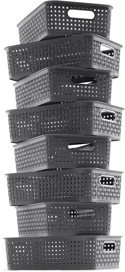 NETANY Plastic Storage Baskets, 8 Pack, Gray, Durable, Flexible, Multi-Purpose for Closets, Cabinets, Shelves