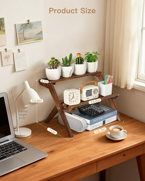 2 Tier Small Wood Plant Stand for Desktop, X-Frame Windowsill Plant Shelf Indoor, Table Top Mini Ladder Flower Pot