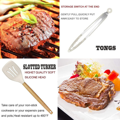 Kitchen Utensils Set, 35 PCs Cooking Utensils with Grater, Tongs, Spoon Spatula & Turner, Silicone & Wooden Handles