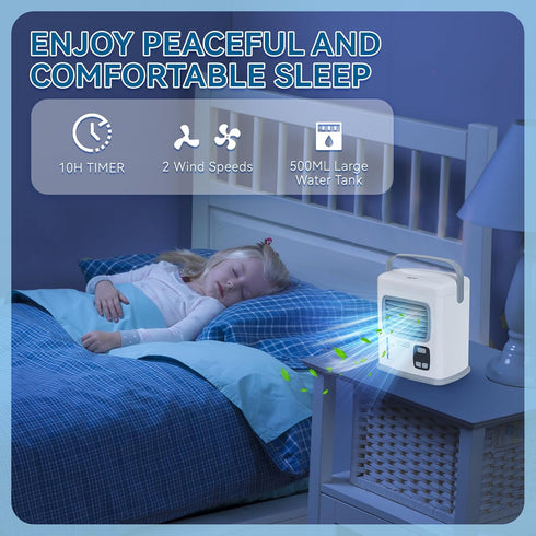 CAYNEL Portable Air Conditioner | 2 Speeds, 5W USB | Water Tank, 1~12h Timer | Adjustable Air Outlet for Desktop &
