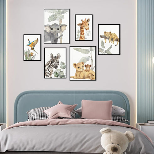 Set 6, HLJ ART Safari Animal Nursery Wall Art: Woodland Nursery Wall Decor of Baby Animals Pictures Jungle Wall Posters