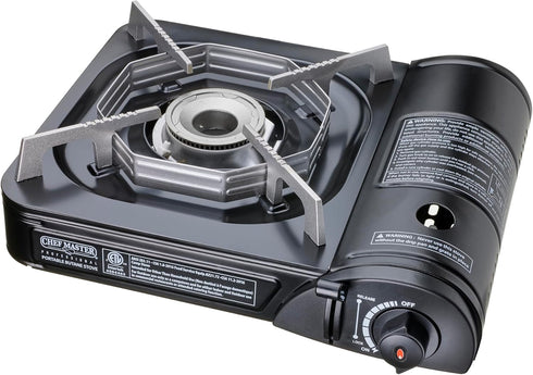 Chef Master Portable Butane Camping Stove, 7,650 BTU Output with Wind-Guard and Carrying Case for Emergencies