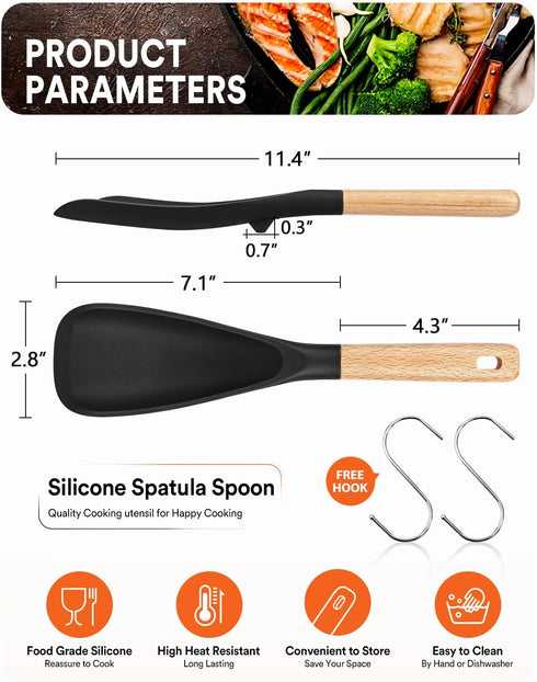 Cooking Spoon for Nonstick Cookwares, Great for Cooking and Serving Durable BPA-Free Matte Silicone, Wood Handle Spoon for Mixing, Scoop, and Scrape (2Pack,Black&Grey) (BG)