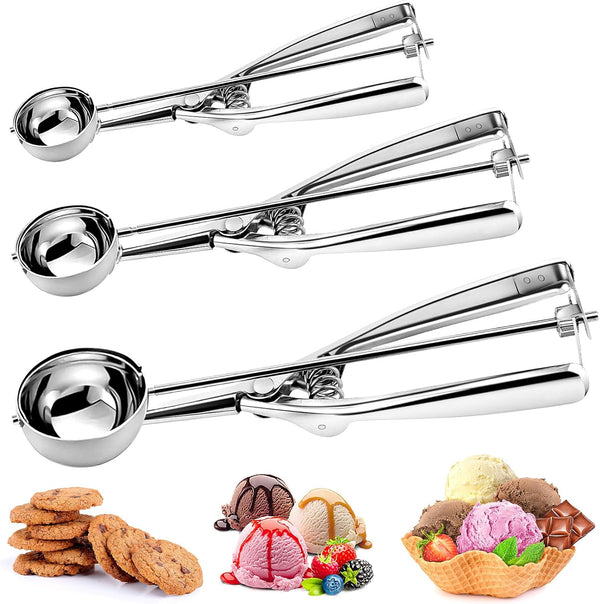 Ice Cream Scoop Set, 3 Pcs Stainless Steel Cookie Scoops with Trigger Release for Baking and Melon Baller.
