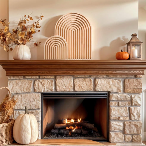 Nawwoo 2 Counter Pcs Natural Wood Arch Decor, Boho Shelf & Serving Board for Fireplace Mantel, Kitchen - Light Pine
