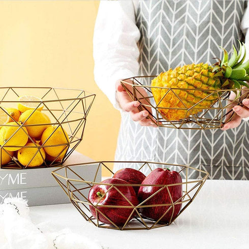 Geometric Metal Wire Fruit Bowl, Iron Arts Storage Basket for Kitchen Counter (Gold)