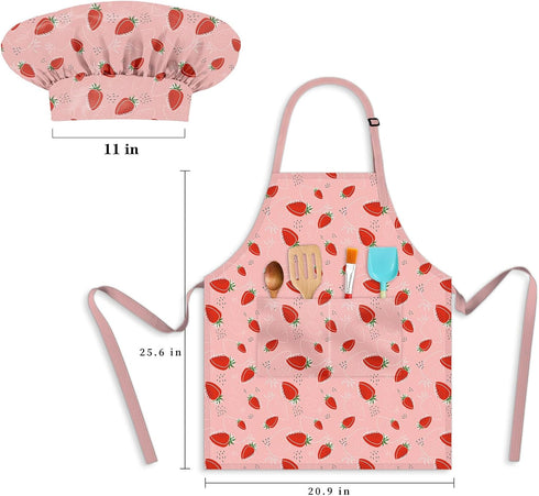 Adjustable Kids Chef Hat and Apron, Toddler Aprons with Pocket for Cooking Baking, Girls Boys