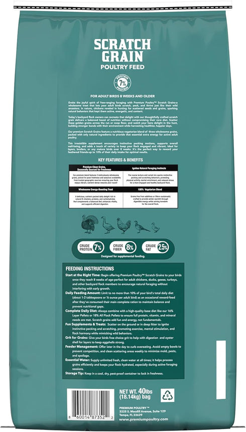40 Scratch Grain for Adult Chickens, Ducks, and Turkeys, Vegetarian Mix of Three Grains, Training Aid & Natural