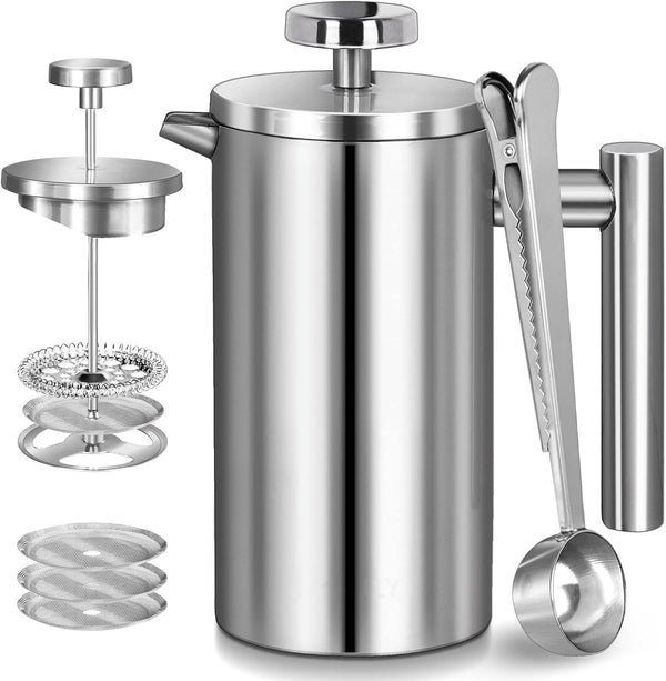 Stainless Steel French Press Coffee Maker, Double Wall Insulated, 50oz/1500ml, with 3 Extra Screens, Silver