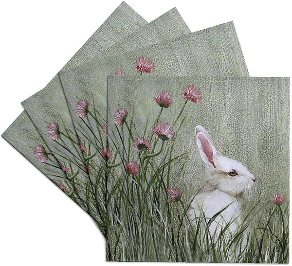 3dRose CST_44349_3 Bunny Rabbit in Tall Grass with Pink Wildflowers - Ceramic Tile Coasters, Set of 4