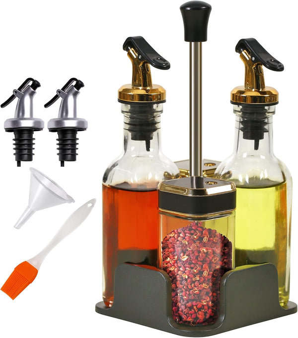 Oil and Vinegar Dispenser Set with Caddy, Glass Bottle Seasoning Dispenser, Oil Spouts, Funnel, Brush Kit
