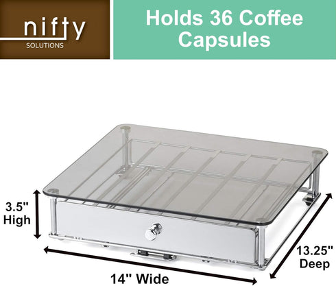 Nifty Rolling Coffee Pod Drawer with Glass Top & Chrome Finish, Compatible with K-Cups, 36 Pod Pack Holder for Kitchen