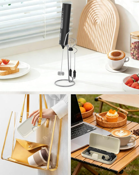 3 3 AMOSA Milk Frother Handheld with Stand, Rechargeable Frother with Speeds & Heads, Travel Frother with Case, Coffee