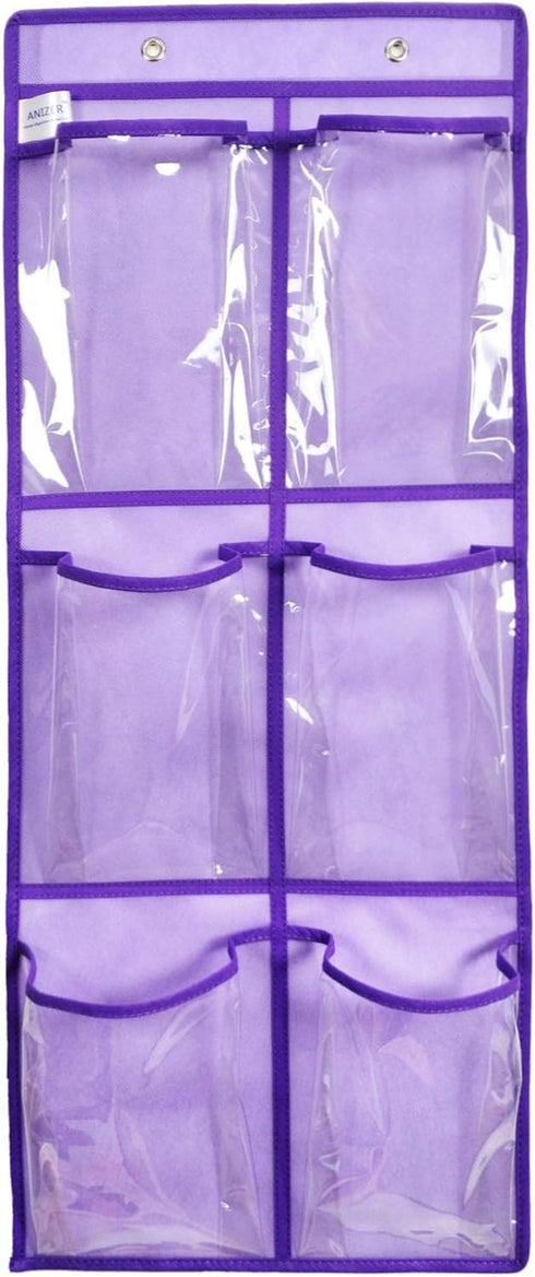 Closet 6 2 Pack Over The Door Hanging Shoe Organizer Narrow Door Shoe Storage Large Clear Pockets Chart (PURPLE)