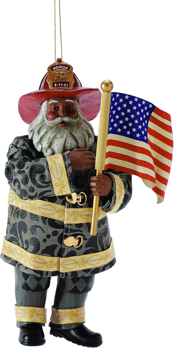 Department 56 Possible Dreams Jim Shore Tribute to 9/11 Firefighter Santa, African American Hanging Ornament, 6 Inch