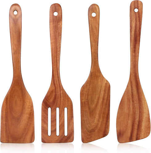 Best Wooden Spatula for Cooking, Teak Wood Utensil Set of 4 for Baking, Mixing, Scraping, Flipping