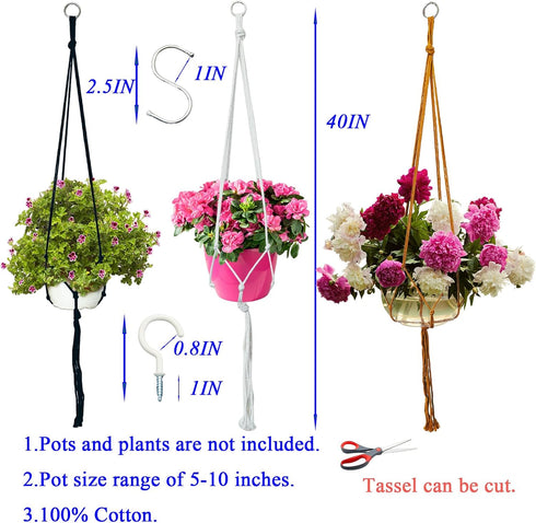 AncBace 3 Pack 6 Macrame Plant Hangers Planter Flower Pots Holder Basket Stand Tassels with Hooks Kit Cotton Rope
