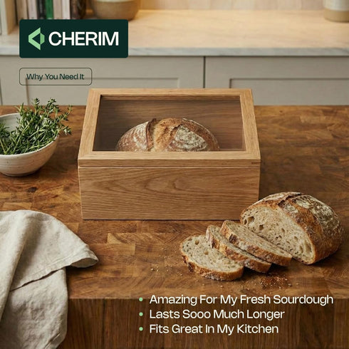 Cherim Counter Wooden Bread Box for Kitchen Keeps Bread Fresh Longer, Large Bread Storage Container with Acrylic Window