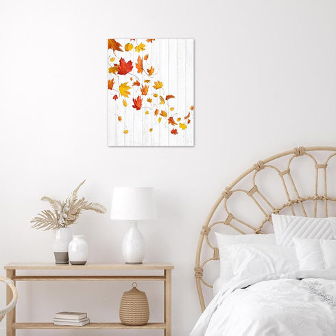 LB Farmhouse Fall Wall Art - Red Orange Maple Leaf on Rustic Grey Canvas, Ready to Hang for Living Room and Bedroom,