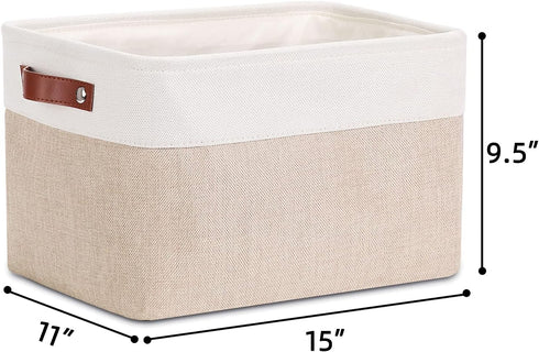 DULLEMELO Collapsible Rectangle Fabric Storage Basket, Organizing Clothes, Toys, Laundry, White & Khaki