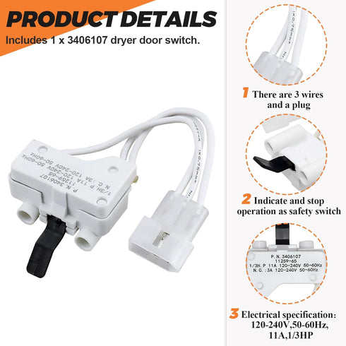 WP3406107 Dryer Door Switch by Beaquicy - Replacement for Whirlpool, Ken-More, Roper, Amana, Crosley Dryer
