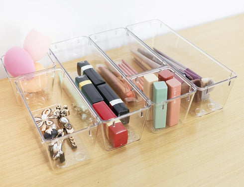 6 Pack Clear Plastic Drawer Organizer Set, Desk Drawer Storage Bins, Clear Organizer Tray