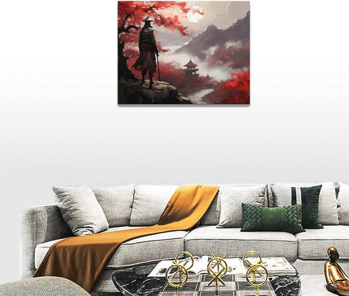 Japanese Bushido Wall Art, Red Samurai Pictures Canvas Painting for Bathroom Bedroom Living Room Office, Framed 16"x12"