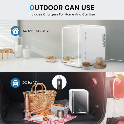 ECOWELL Mini Skincare Fridge with LED Mirror, 4L/6 Can for Makeup Cosmetic Beauty, Small Refrigerator for Bedroom Office
