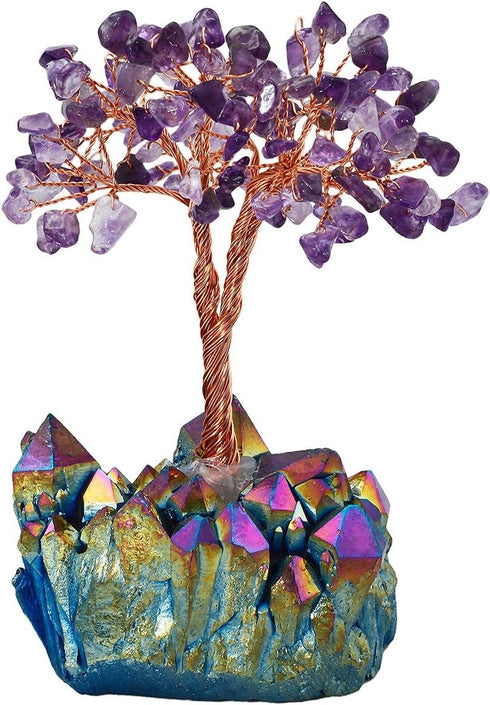 rockcloud Feng Shui Natural Crystal & Titanium Coated Quartz Mini Money Tree - Box Decoration for Wealth and Luck
