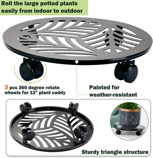 1 Packs 13.6" Large Metal Plant Caddy with PU Wheels Heavy-Duty Wrought Iron Rolling Plant Stands Indoor Outdoor