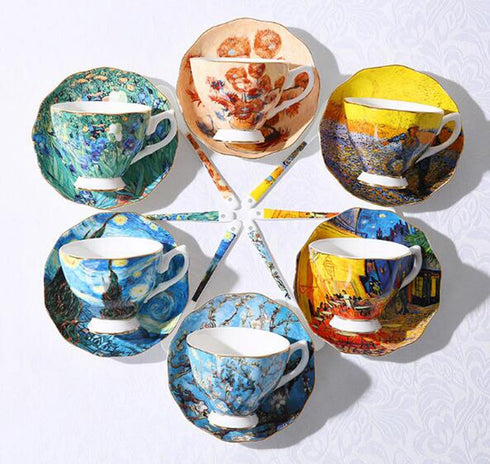 YBK Tech Bone China Cup and Saucer Set - 7oz Tea Cup Inspired by Van Gogh's Paintings (Iris Flower Design)