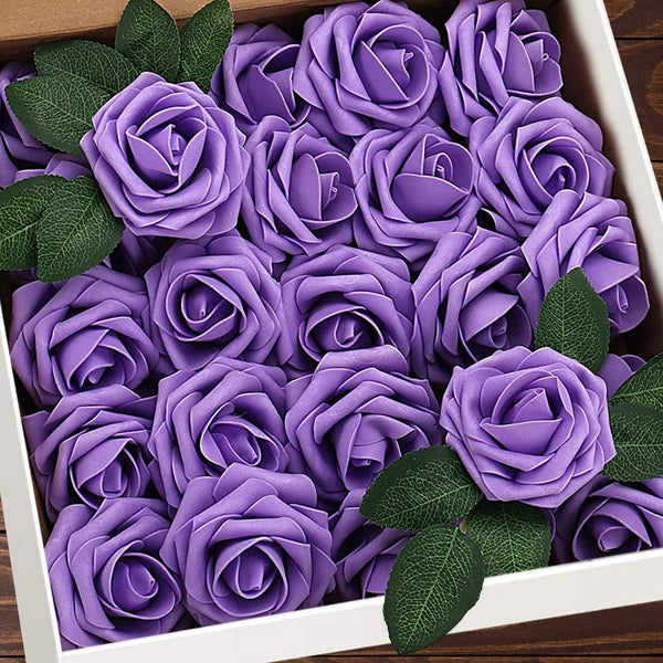 Artificial Flowers 25pcs Purple Foam Fake Roses with Stems for DIY Wedding Bouquets, White Bridal Shower Centerpieces,