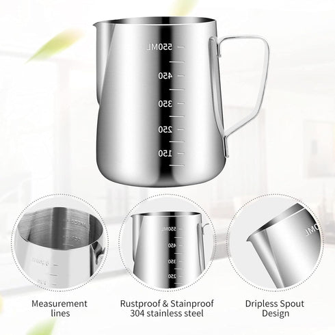Stainless Steel Milk Frothing Pitcher 20oz/600ml - Milk Jug Cup for Cappuccino Coffee Stencils, Latte Art with 16