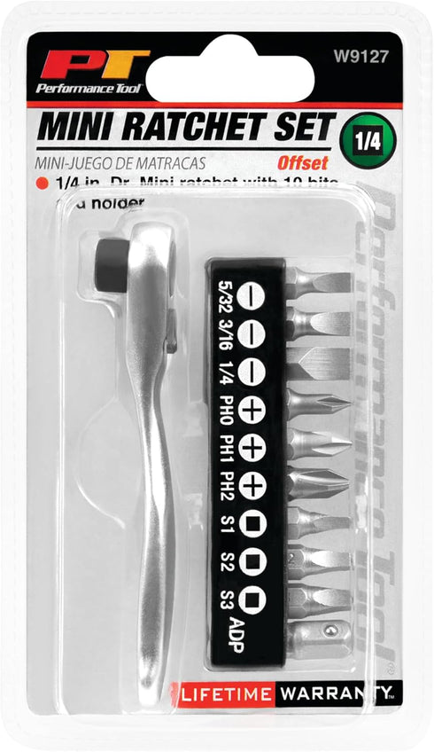 Performance Tool W9127 72-Tooth Mini Ratchet & Bit Set with 10pc Bits, Chrome Vanadium Steel
