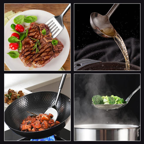 5 PCS Cooking Utensils Set, Stainless Steel Kitchen Gadgets, Includes Slotted Spoon, Slotted Spatula, Large Spoon, Soup