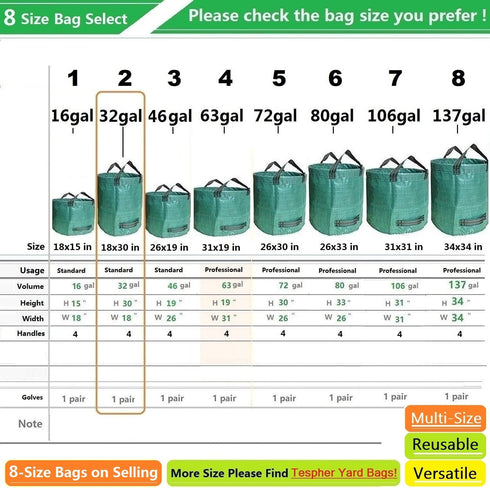 3-Pack 32 (D18,H30 inch) Trimmings 4 Standard Gallon Lawn Garden Bags Yard Waste Bags with Gardening Gloves - Reusable