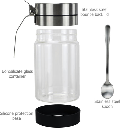 Glass Condiment Jars for Serving & Storing Sugar, Spice, Salt, Seasoning in Home Kitchen, 450ml/14.5oz, Stainless Steel